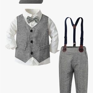 Boys size 5-6. Suit with bow tie, suspenders, beret, vest, pants button up shirt